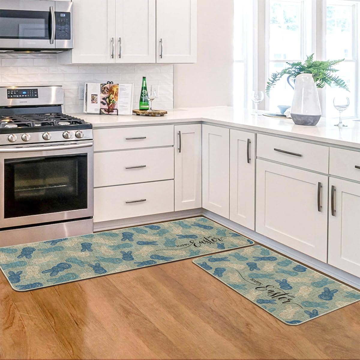 Artoid Mode Blue Rabbits Bunny Happy Easter Kitchen Mats Set of 2, Home Seasonal Spring Easter Holiday Holiday Party Floor Mat - 17x29 and 17x47 Inch