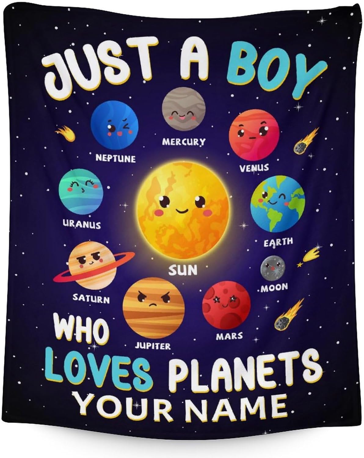 Custom Planet Blanket Gifts with Name - 80x60 Inches Cute Planets Throw Blanket for Kids, Boys & Men - Dark Blue Soft Fuzzy Blankets for Bed, Couch & Travel