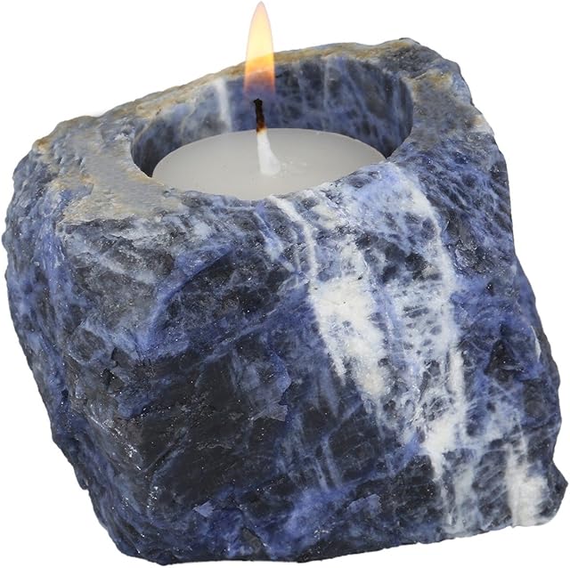 mookaitedecor Natural Sodalite Rough Stone Candle Tea light Holder Candlestick/Air Plant Holder,Jewellery Dish Healing Crystal for Home Garden Decoration