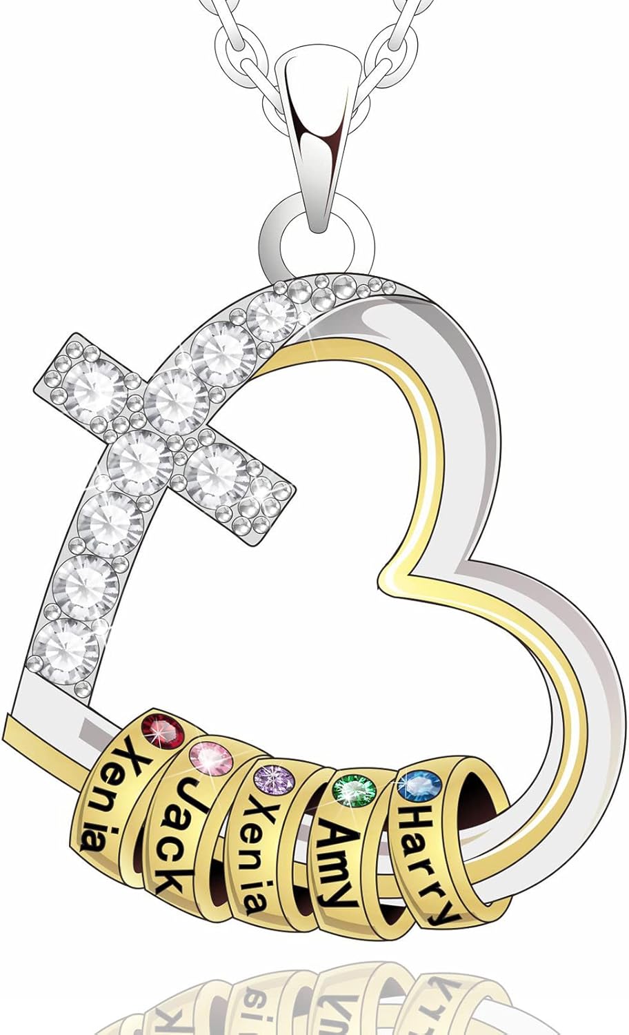 Cross Custom Name Necklace Parent-child Necklace with Heart Two-Tone Engraved 1-5 Names Family Necklace with Birthstone for Grandmother Mom Dad Kids On Mother's Day Family Party Birthday Men Women Boys Girls