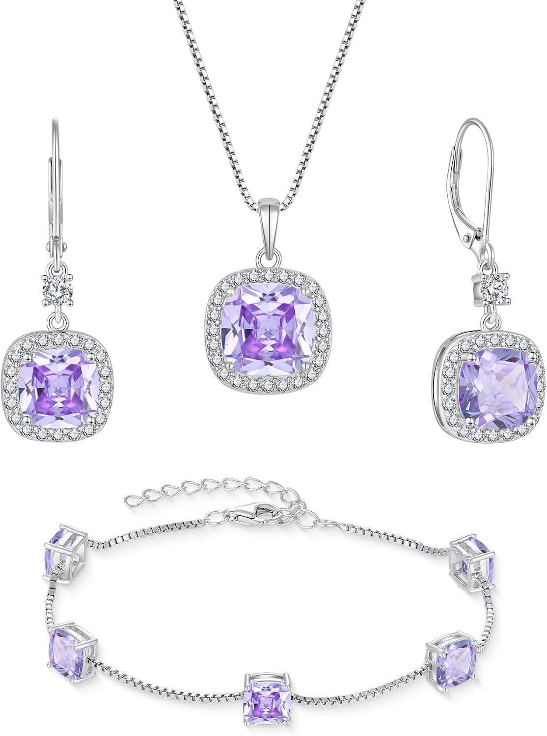 Princess Cut Jewelry Set 925 Sterling Silver Alexandrite Earrings Dangle Drop Leverback June Birthstone Necklace and Bracelet Jewelry for Women