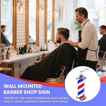 15'' Barber Pole LED Light,Barber Shop Pole Light, Rotating LED Stripes Hair Salon Open Sign Outdoor, Hair Salon Barber Shop Open Sign,Red White Blue Stripes Rotating (Silver, 15 inch)