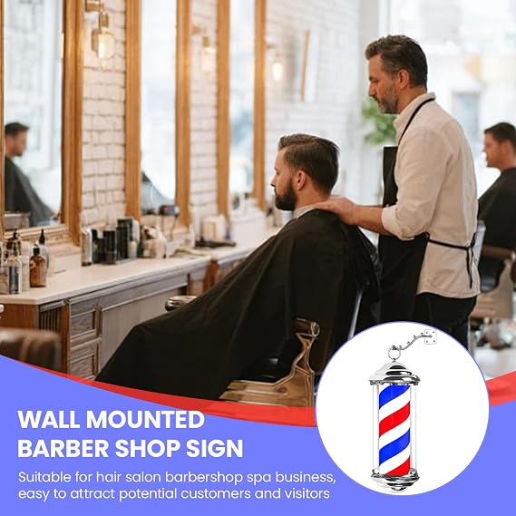 15'' Barber Pole LED Light,Barber Shop Pole Light, Rotating LED Stripes Hair Salon Open Sign Outdoor, Hair Salon Barber Shop Open Sign,Red White Blue Stripes Rotating (Silver, 15 inch)