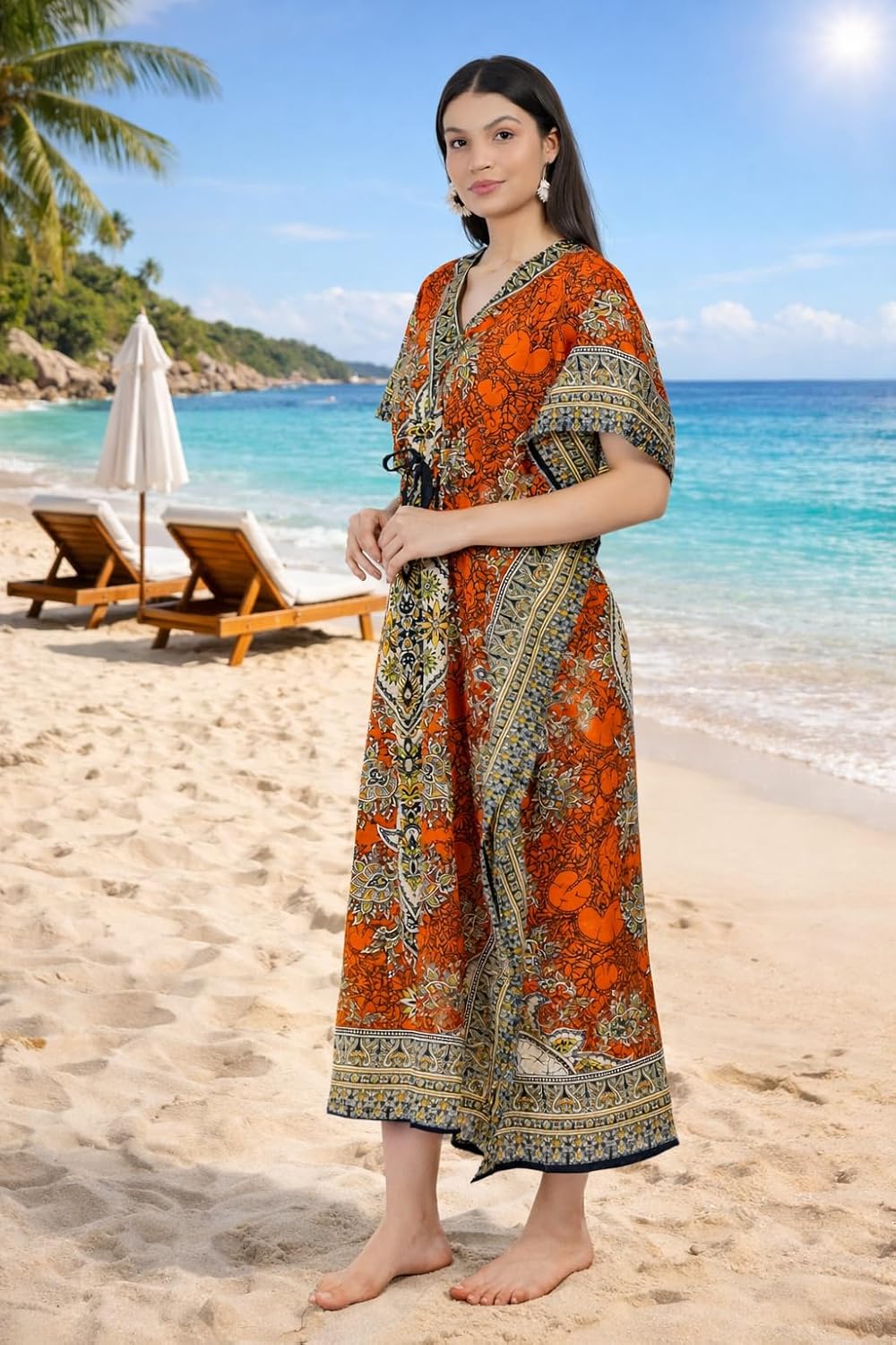 LAPSHA'S Women's Kaftan Dress Beach Cover Up Tribal Ethnic Print Plus Size Loose Kimono Maxi Dress - Image 6
