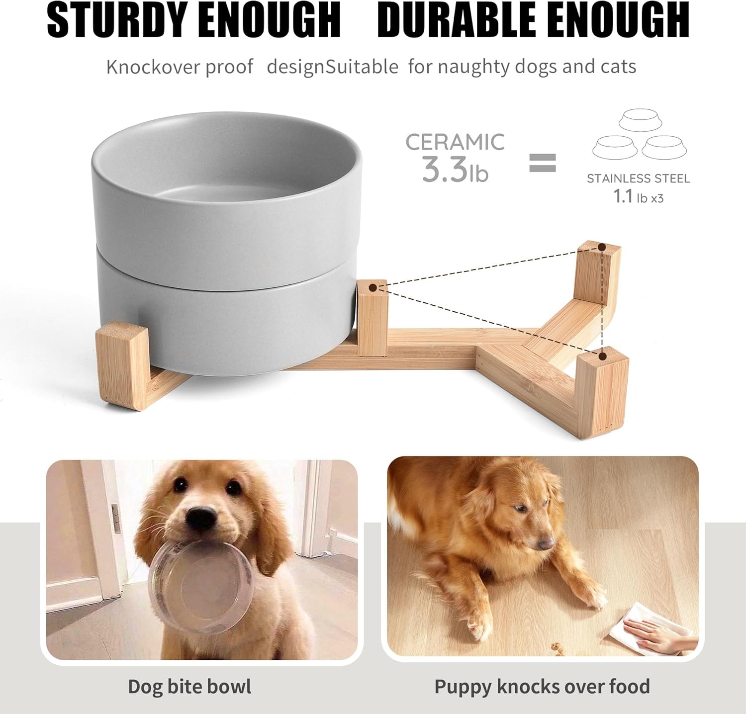 Mowtanco Grey Ceramic Dog & Cat Bowl Set – 13.5 OZ with Wooden Stand, Non-Slip, Elevated Design for Small Dogs & Cats – 2 Bowls (Food & Water, Ceramic Pet Bowls, Modern Dog Bowls)