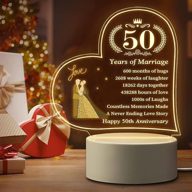 50th Wedding Gift, Engraved Heat Shaped Acrylic Night Light 50th Gift for Couple Golden Wedding Gifts for Couples Parent Grandparent Wife Husband