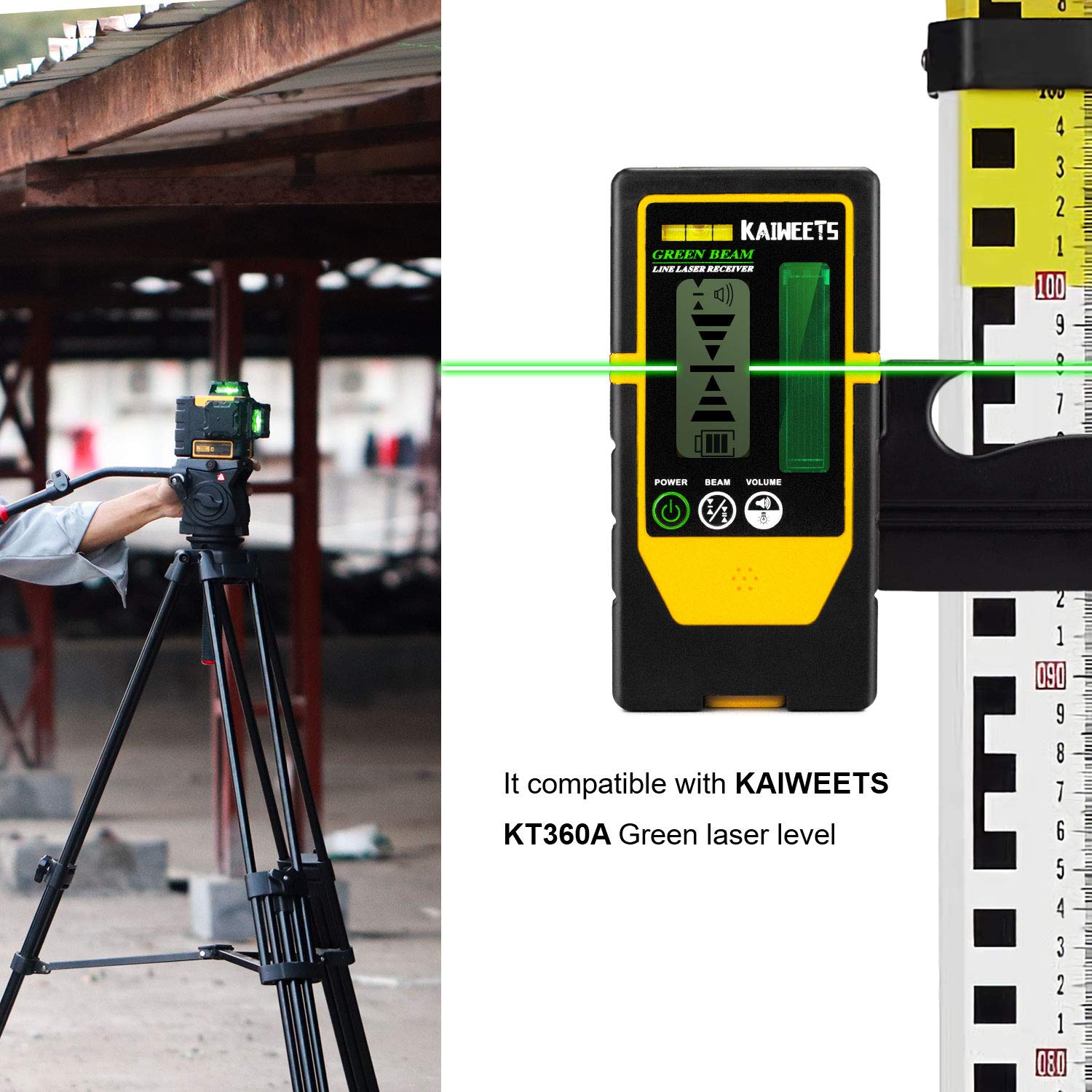 KAIWEETS LR100G Receptores láser, Sólo compatible con KAIWEETS KT360A/KT360B Nivel Láser, Detector que Alcance de trabajo hasta 60M, con abrazadera para trabajar en exterior