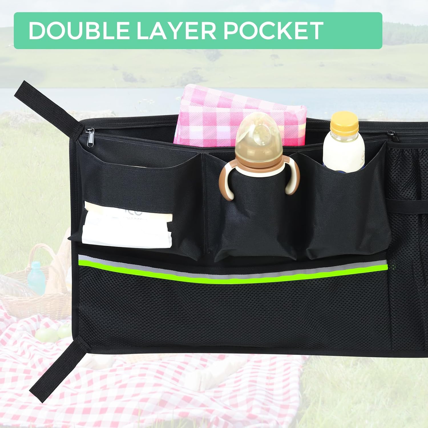 Stroller Wagon Cargo Net,Double-Layer Side Pockets Attachment for WONDERFOLD,Foldable Mesh Sorting Organizer Bag with Extra Storage Space