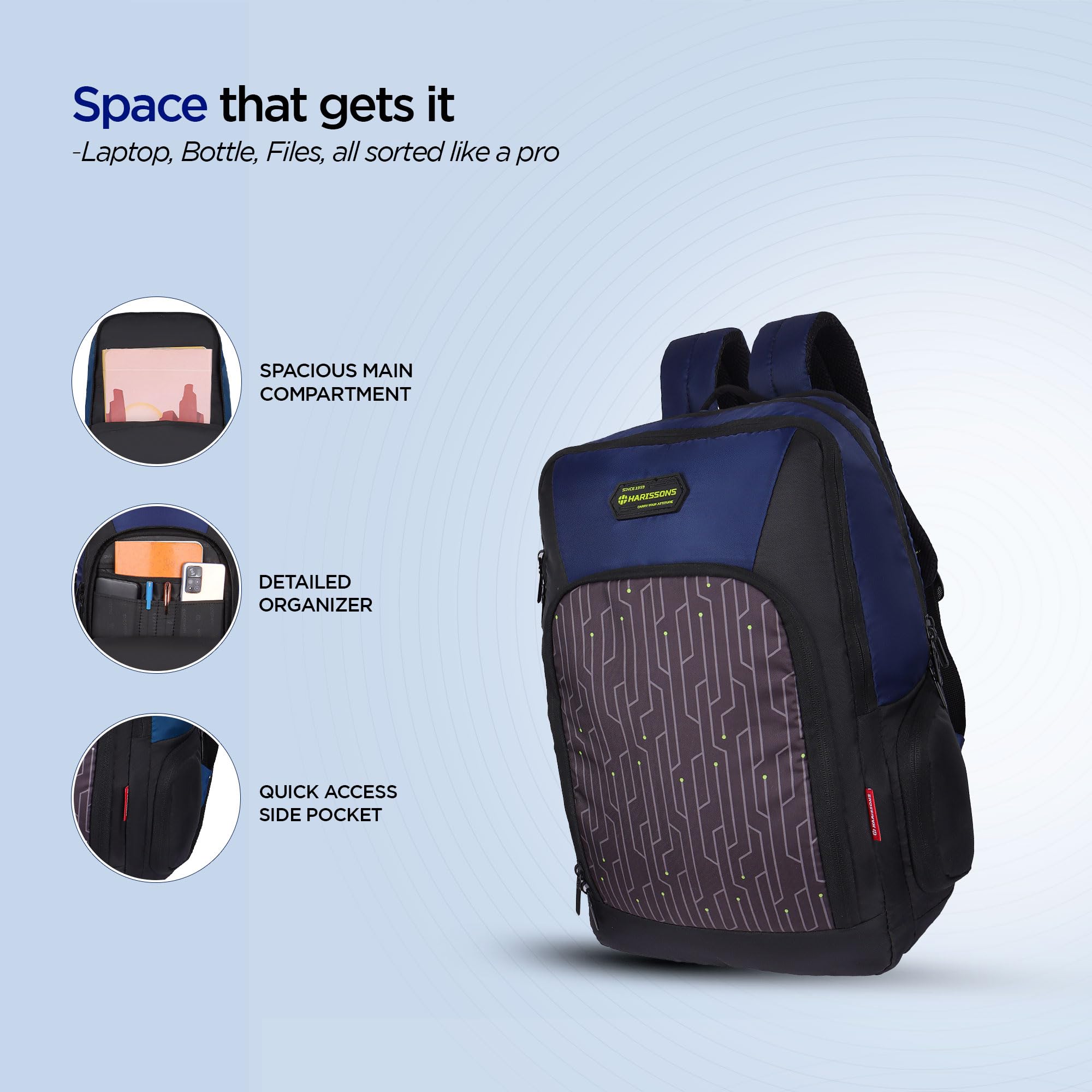 HARISSONS Neuron Travel Backpack | 35L | Fits 15.6β Laptop | Superdurable Backstraps, Quick-Access Pockets, Wet Compartment, Bottle Security, Ventilated Back | Work, Travel & College 1