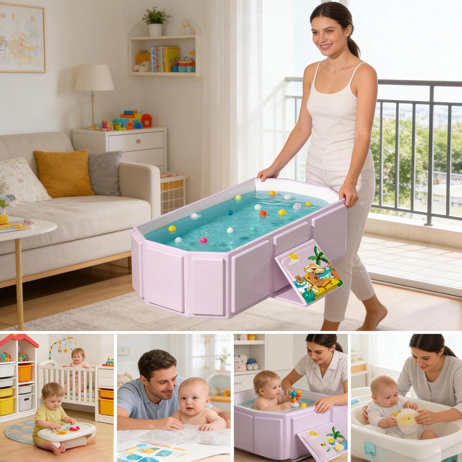 Folding Kids Bathtub - Portable Bath Tub with Drain Plug | Compact Travel Bath Basin, Quick Drain System & Space Saving Design for Home Apartment Camping RV Travel Vacation Summer Bathroom