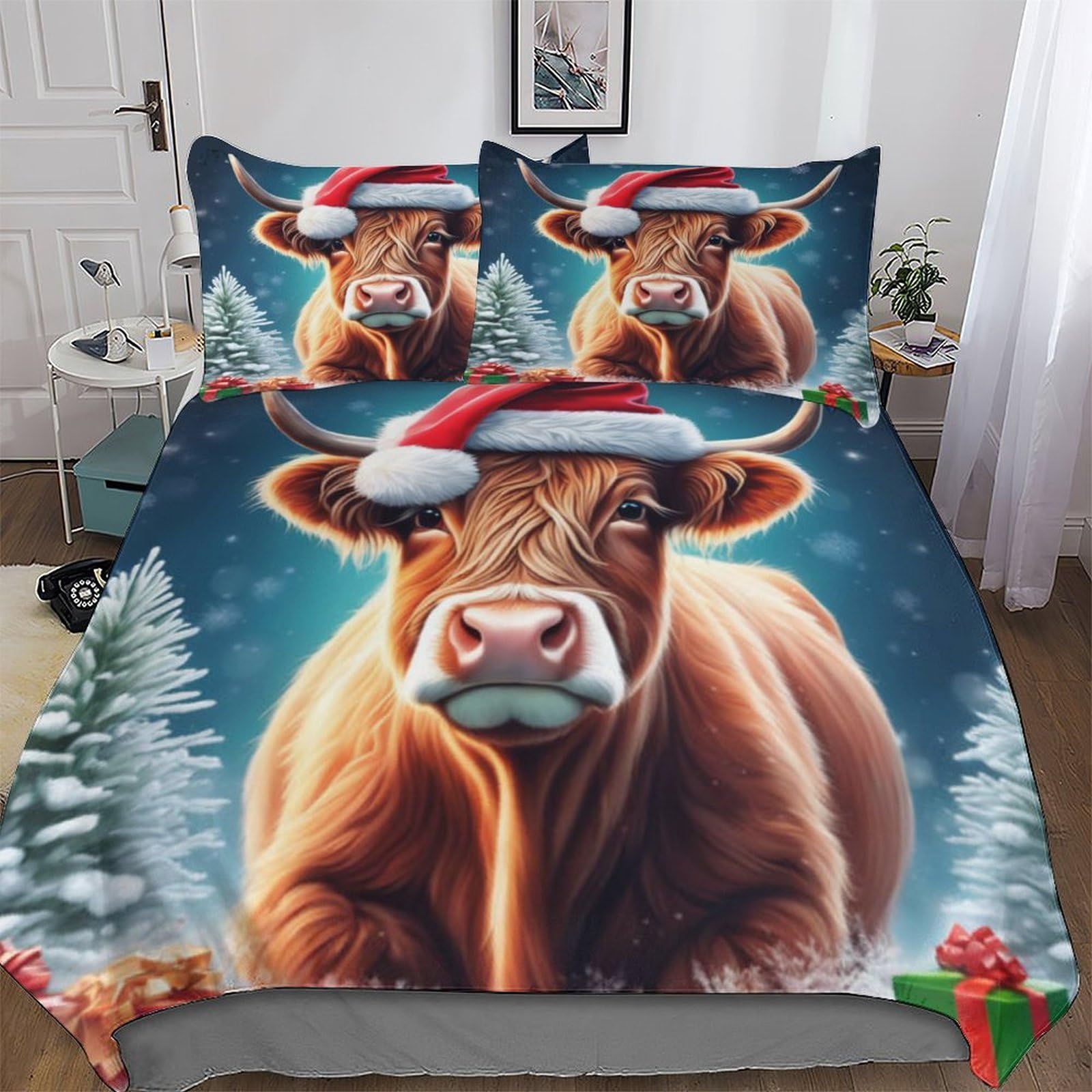 Christmas Cow Bedding Set 3D Print Duvet Cover Set with Pillowcase with Zipper Soft Microfiber Bedspread Cover Comforter Cover 3pcs For Boys, Girls And Teenagers King (220x240cm)