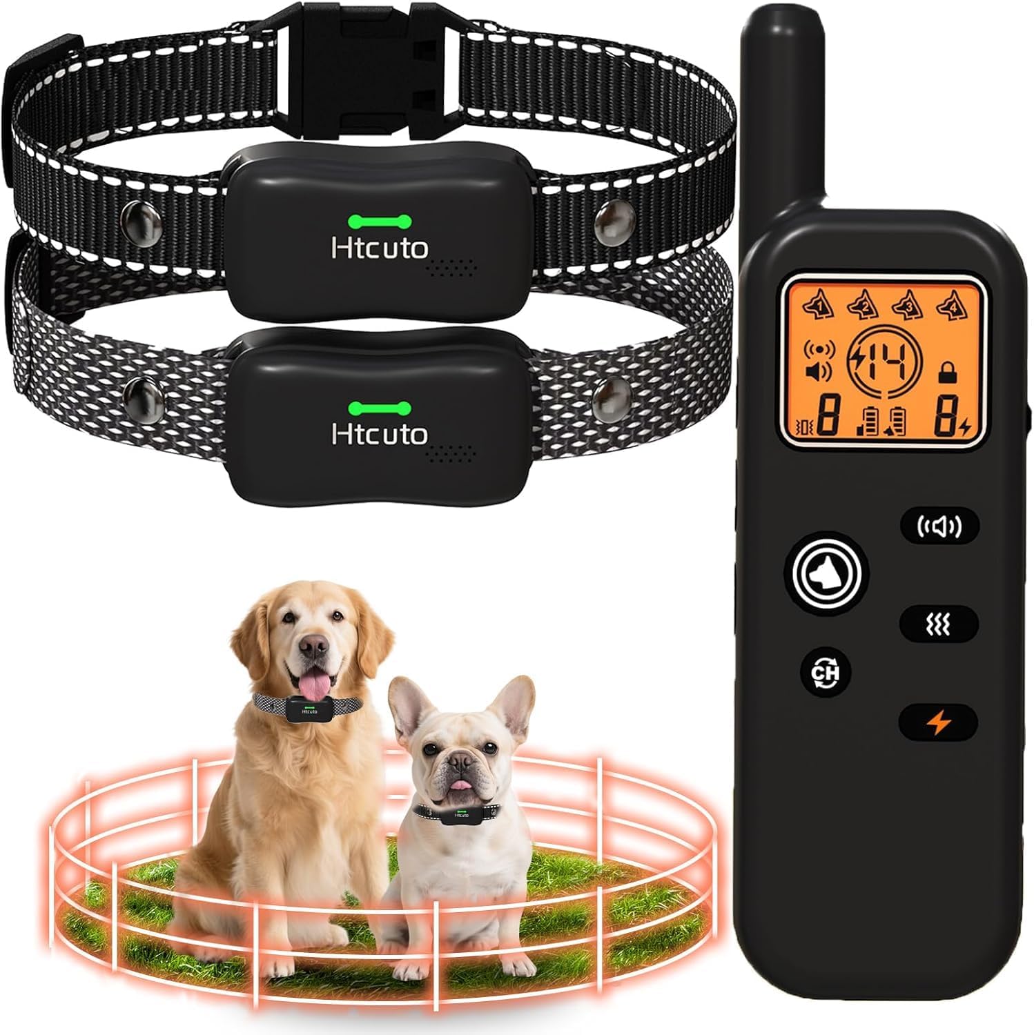 Htcuto Wireless Dog Fence System for 2 Dogs with 2 Collars Electric Dog Fence Mulit Dogs Training Shock Collar with Remote 856 Acre Ultrasonic Waterproof Portable Outdoor Safe Pet Containment System