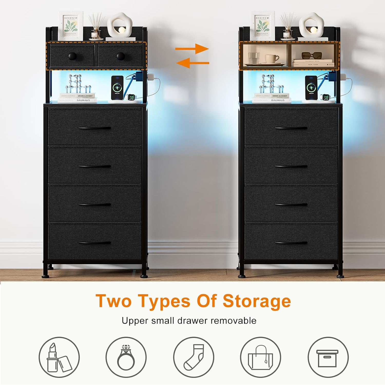 REAHOME 41 Inch Tall Nightstand with Charging Station, LED Night Stand with 6 Fabric Drawers, Bed Side Table with 3-Tier Wood Storage Shelves for Bedroom, Office, Small Spaces, Dark Gray - Image 6