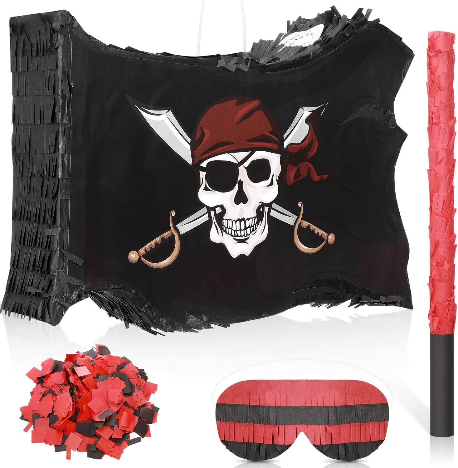 Pirate Piñata Kit Skull Flag Piñata and Black Red Plastic Stick and Confetti Blindfold for Kids Pirate Theme Birthday Halloween Party Decoration Supplies, 16 x 11 x 3 Inch