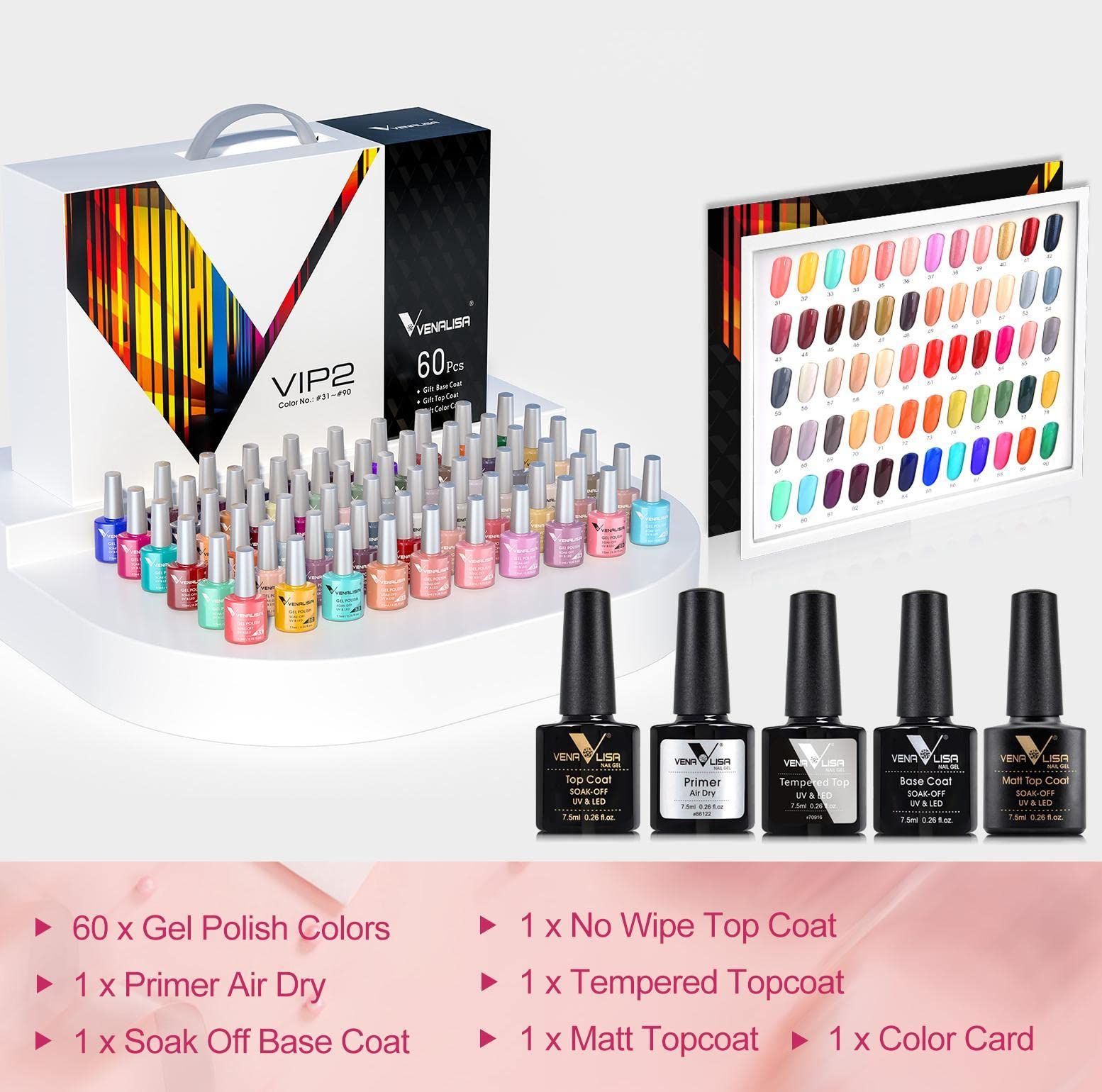 VENALISA - Set di 65 smalti gel con base e top coat, set di smalti soak off UV LED con colori per nail art, starter per manicure e salone