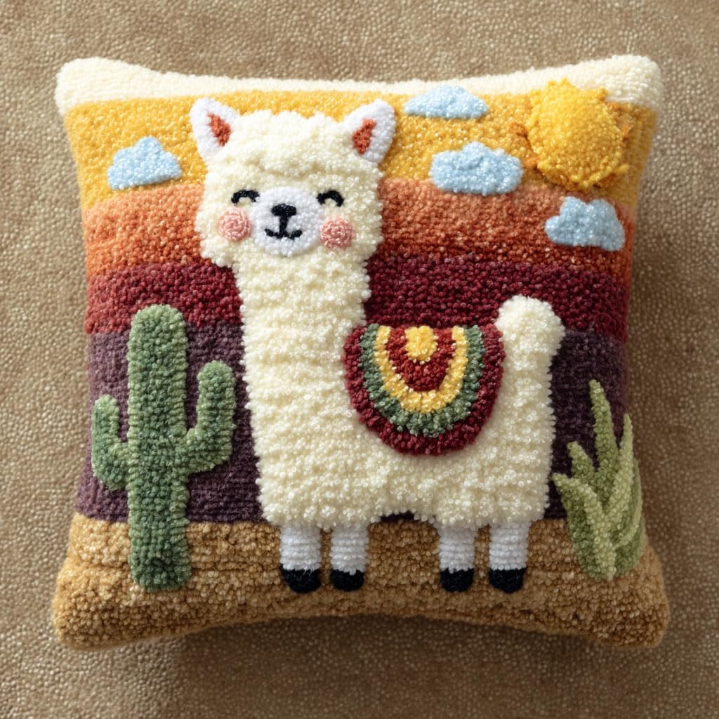 AMBATTERY Latch Hook Kit, Latch Hook Pillows, Animal Alpaca DIY Pillow Cover Crochet Yarn Kits, Color Preprinted Pattern Embroidery Sofa Cushion Cover 17x17inch