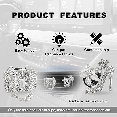 Miniatura 4 de 2 clips de ventilación de aire para automóvil, zapatos de tacón alto de cristal brillante y clips de cristal para bolsa mágica, clip decorativo de