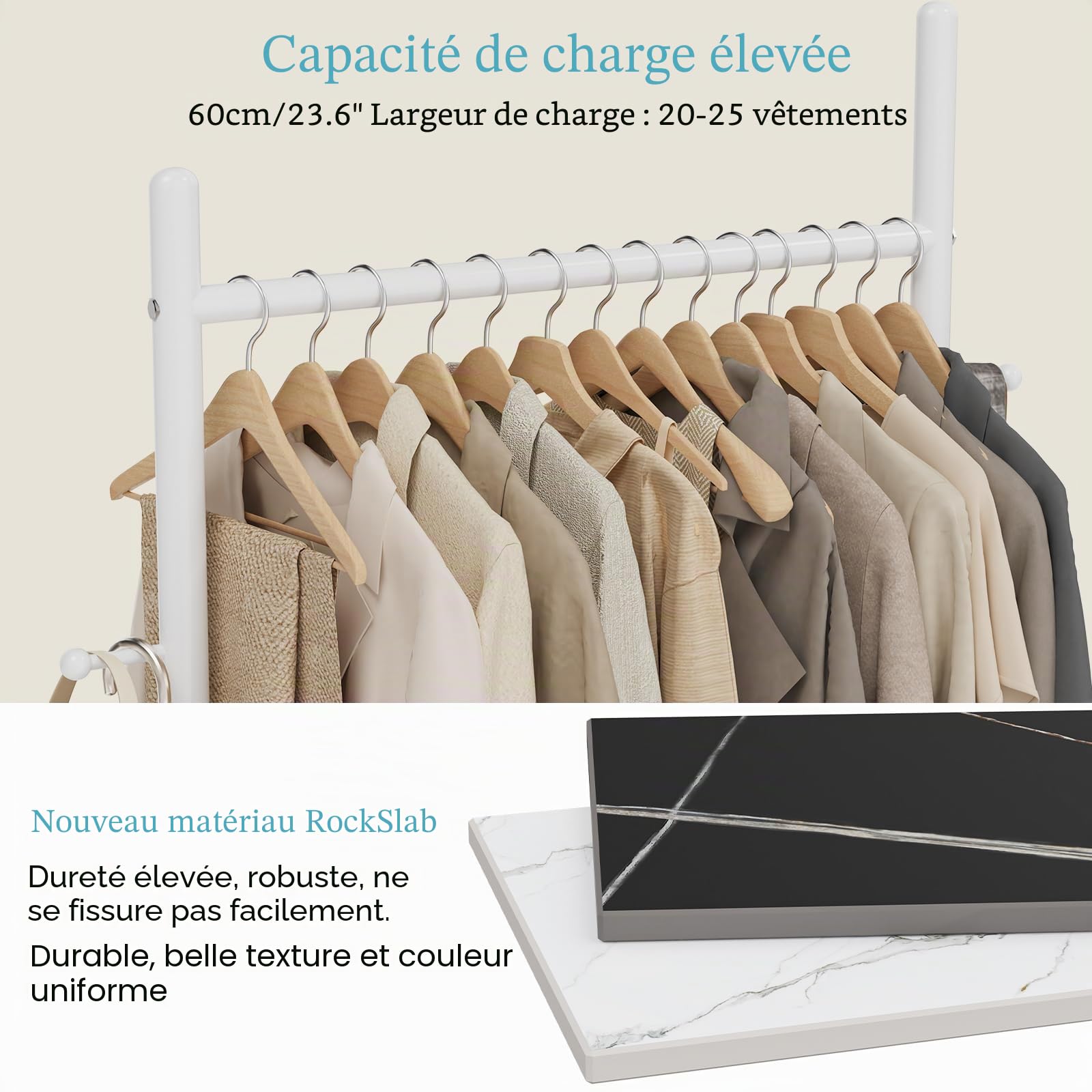 OUTBROS Métal Porte Manteau, 60cm Largeur Portant à Vêtements, Blanc | Porte Manteau sur Pieds avec 2 Crochets, Portant vetement avec Dalles de Roche, Endurance Coat Rack, Simple à monter