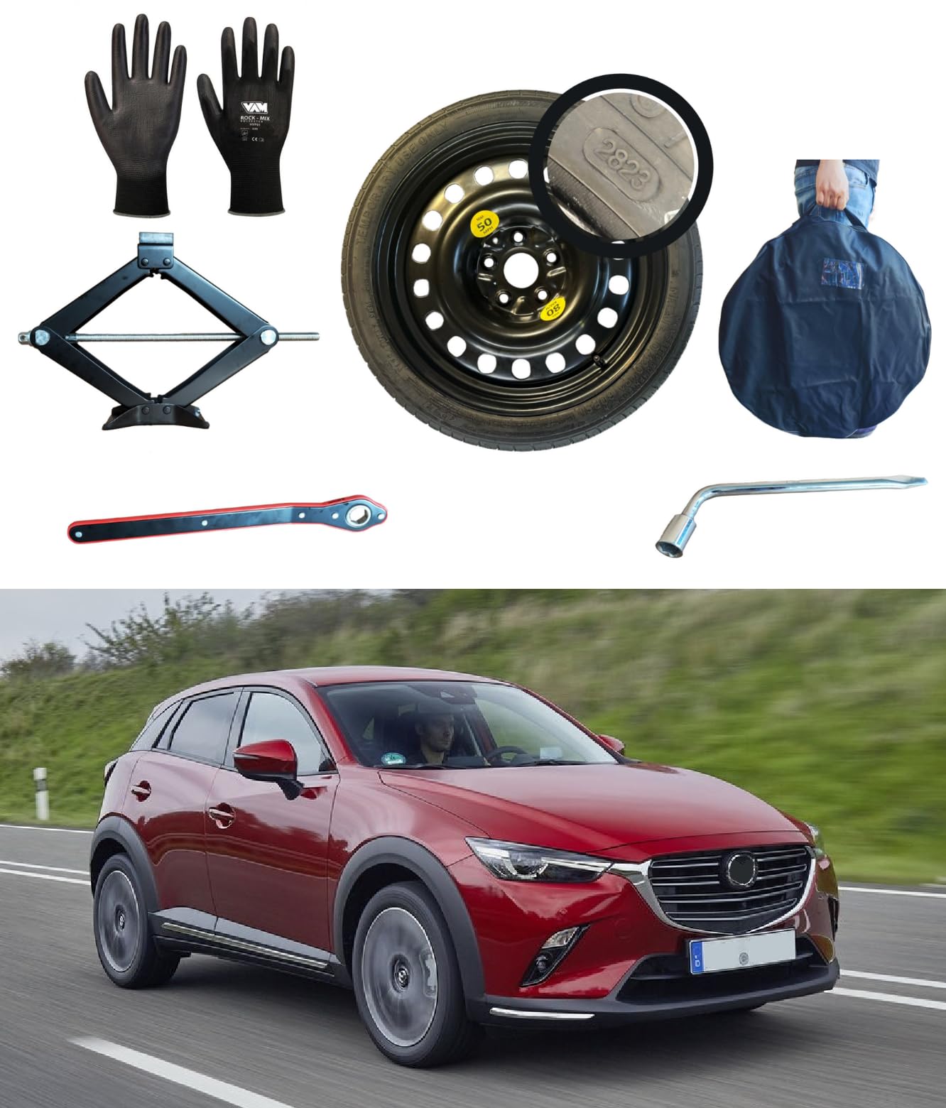 Notrad 16" kompatibel mit Mazda CX-3 mit Wagenheber, Schlüssel, Handschuhe und Tasche 125/90R16