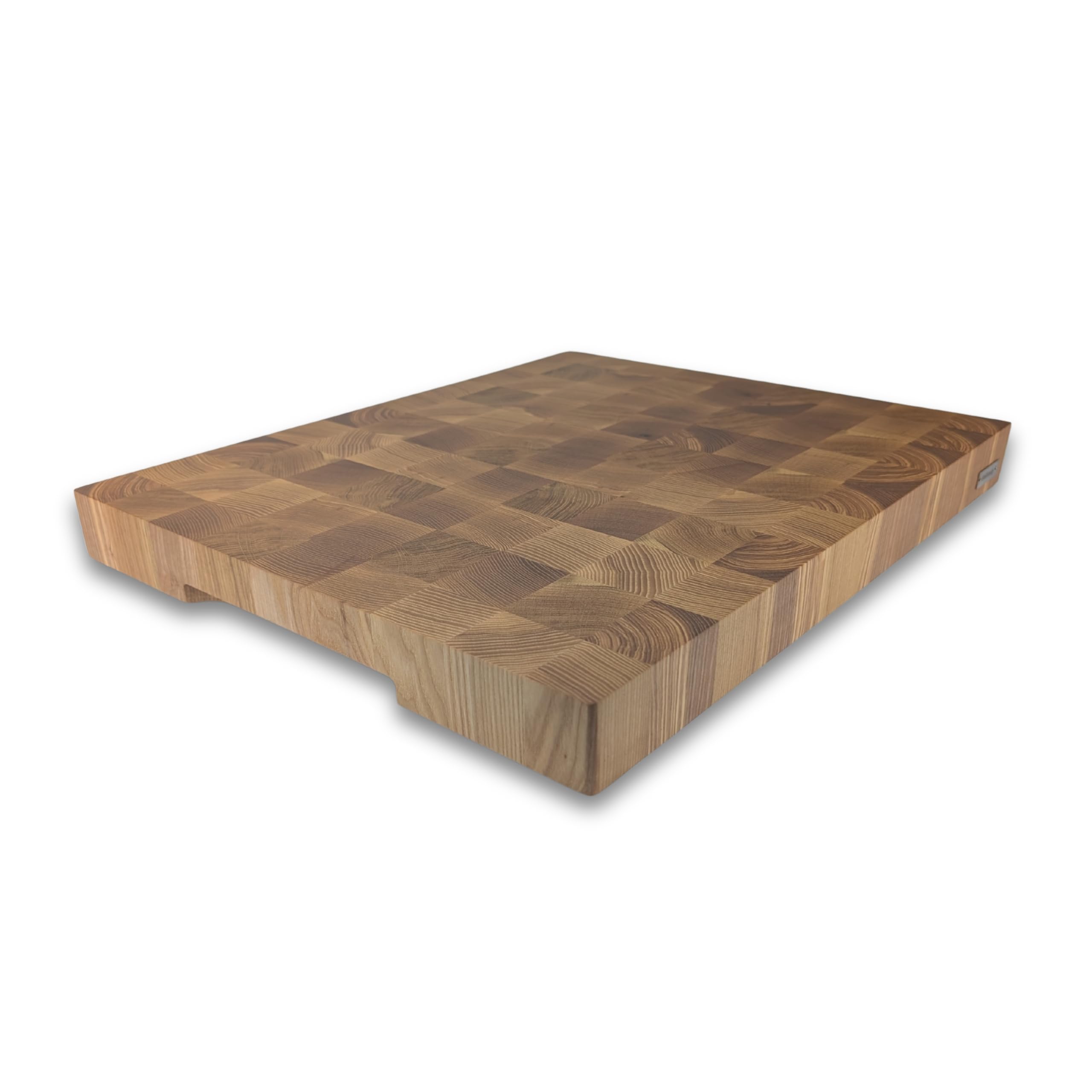 Premium Stirnholz Schneidebrett Esche & Eiche | 50 x 40 x 4,5 cm | Großes XXL Design Holzschneidebrett mit Griffmulden & Silikonfüßen | Luxus Hackblock