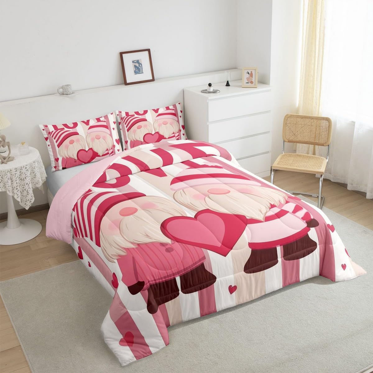 Erosebridal Couple Lover Down Comforter Romantic Weeding Queen Comforter Set for Couple Gifts Gnome Weeding Love Heart Bedding Sets Pink and White Striped Quilt Set for Room Decor