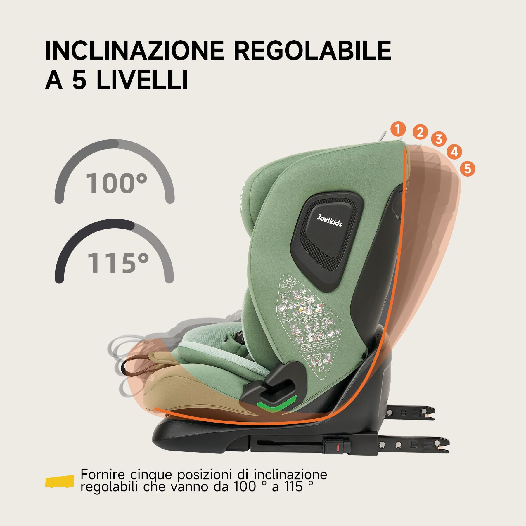 Jovikids i-Size Seggiolino Auto, 76-150cm da circa 15 mesi a 12 anni Seggiolino Isofix e Top Tether, Groupe 1/2/3 ECE R129, Reclinabile 5 posizioni