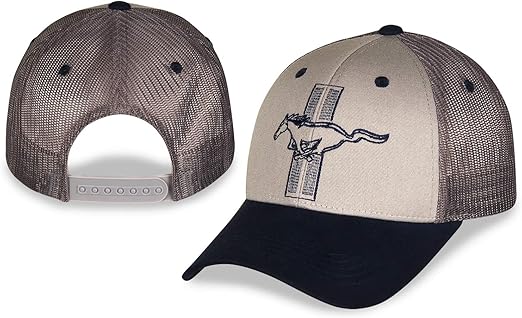 Officially Licensed Grey Twill and Ash Charcoal Mesh Ford Mustang Baseball Hat/Cap with Navy Blue Bill Featuring 3 Inch tri Pony on Front panes with Adjustable Closure