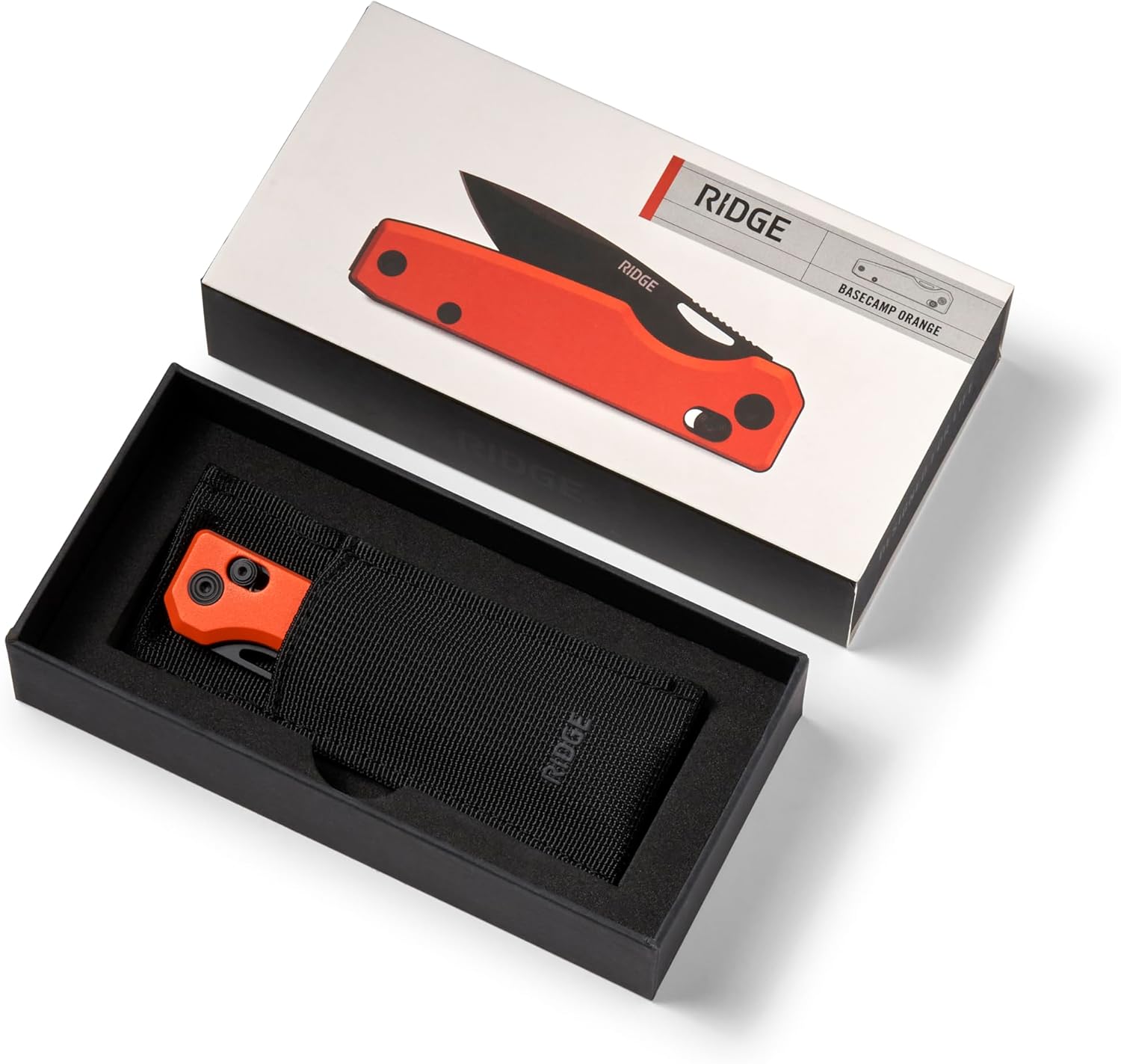 Ridge Everyday Folder Knife - Premium EDC Pocket Knife, Sandvik 14C28N Steel Drop Point Blade with Black DLC Finish, Ceramic Bearings, Deep Carry Clip & Multipurpose Design (Basecamp Orange)