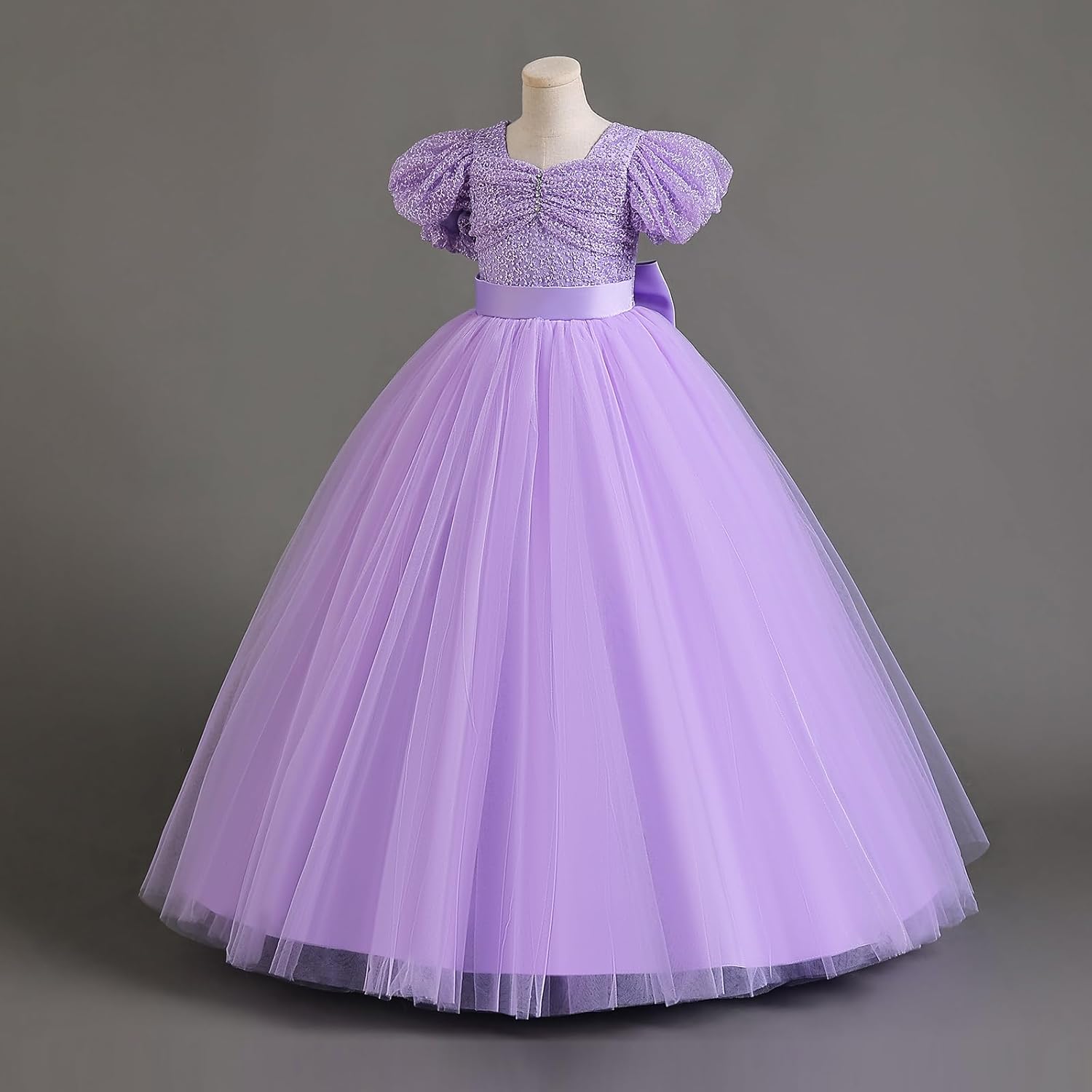 IDOPIP Flower Girl Sequin Lace-up Bow Dress for Kid Wedding Bridesmaid Pageant Party Formal Long Gown Communion Tulle Dresses - Image 4