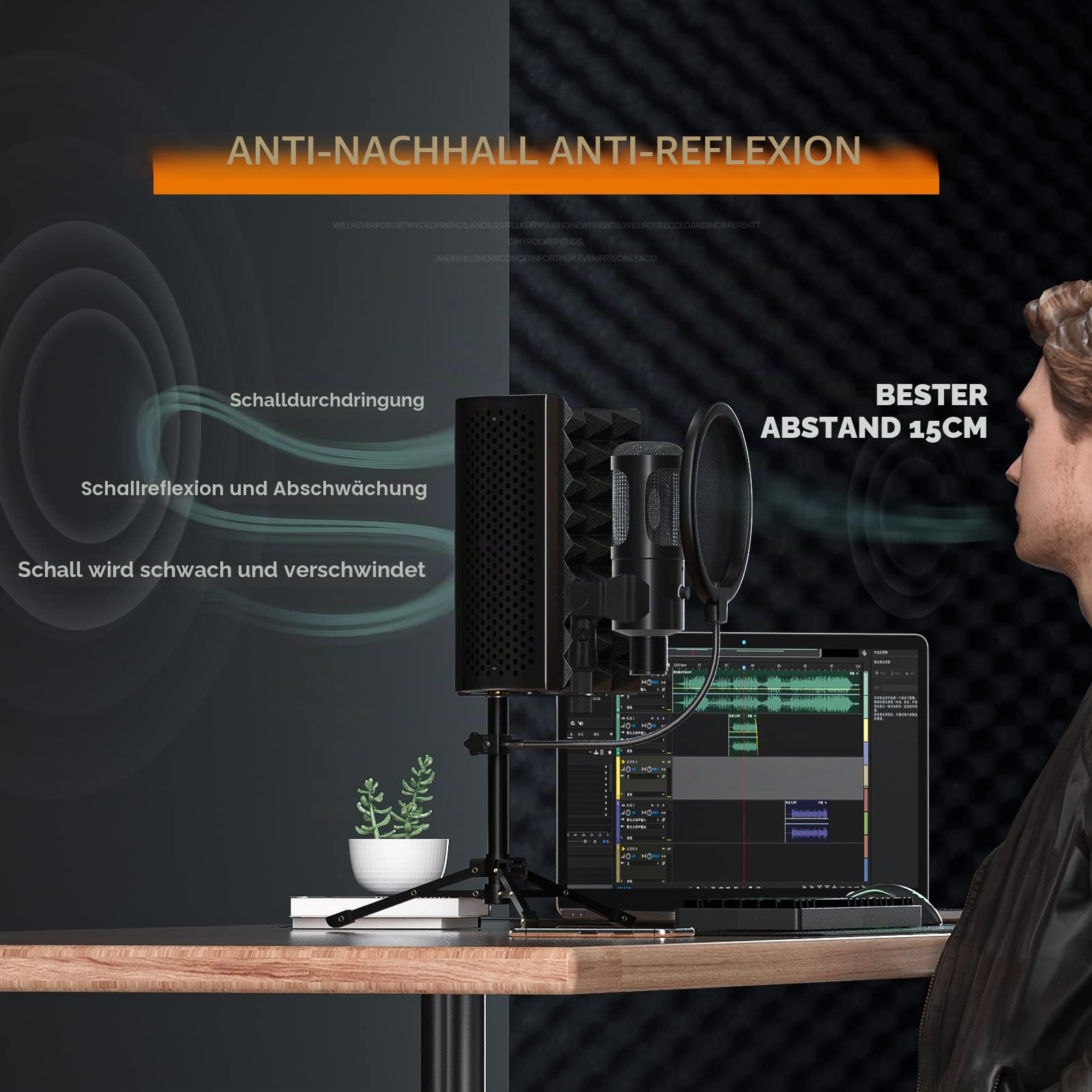 Studio Aufnahme Mikrofon Mit Isolationsschirm, Pop Filter und Metall-Tischstativ, Studio Mikrofon für PC, Laptop Und Smartphone, Musikmikrofon für Gesangs Und Podcast Aufnahmen
