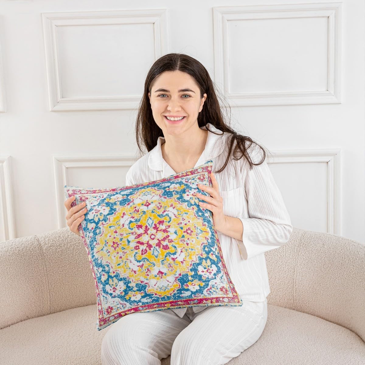 Pack of 2 Ethnic Floral Throw Pillow Covers 24x24, Boho Retro Pillow Covers, Vintage Floral Exotic Cushion Covers For Adults, Yellow Blue Red Bohemian Exotic Reversible Decorative Square Pillow Cases