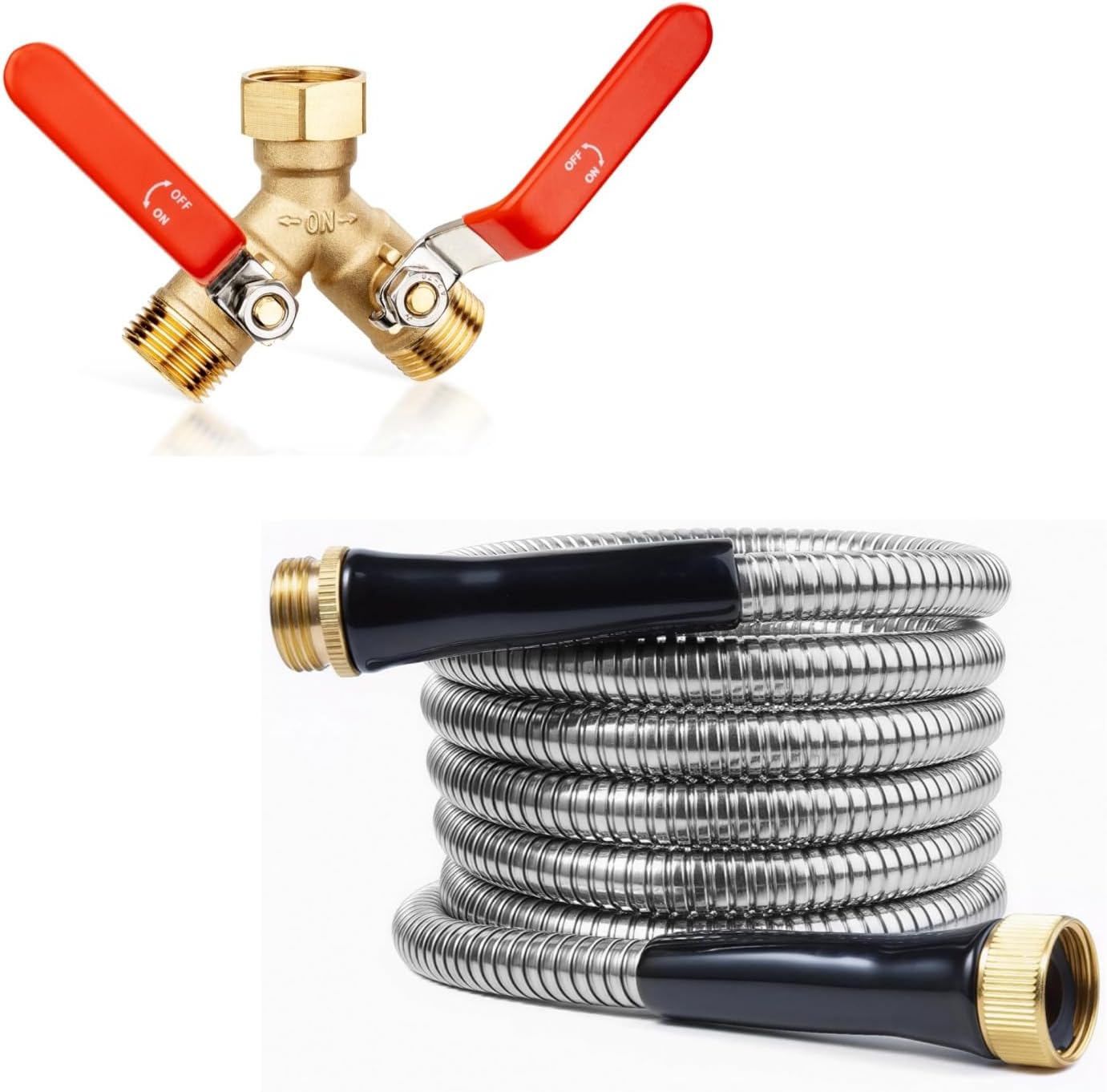 SheeChung Hose Splitter 2 Way Heavy Duty, Garden Hose Y Splitter With Stainless Steel Long Handle and Garden Hose 12ft x 5/8", Metal Water Hose Extension Adapter for Hose Reel Faucet