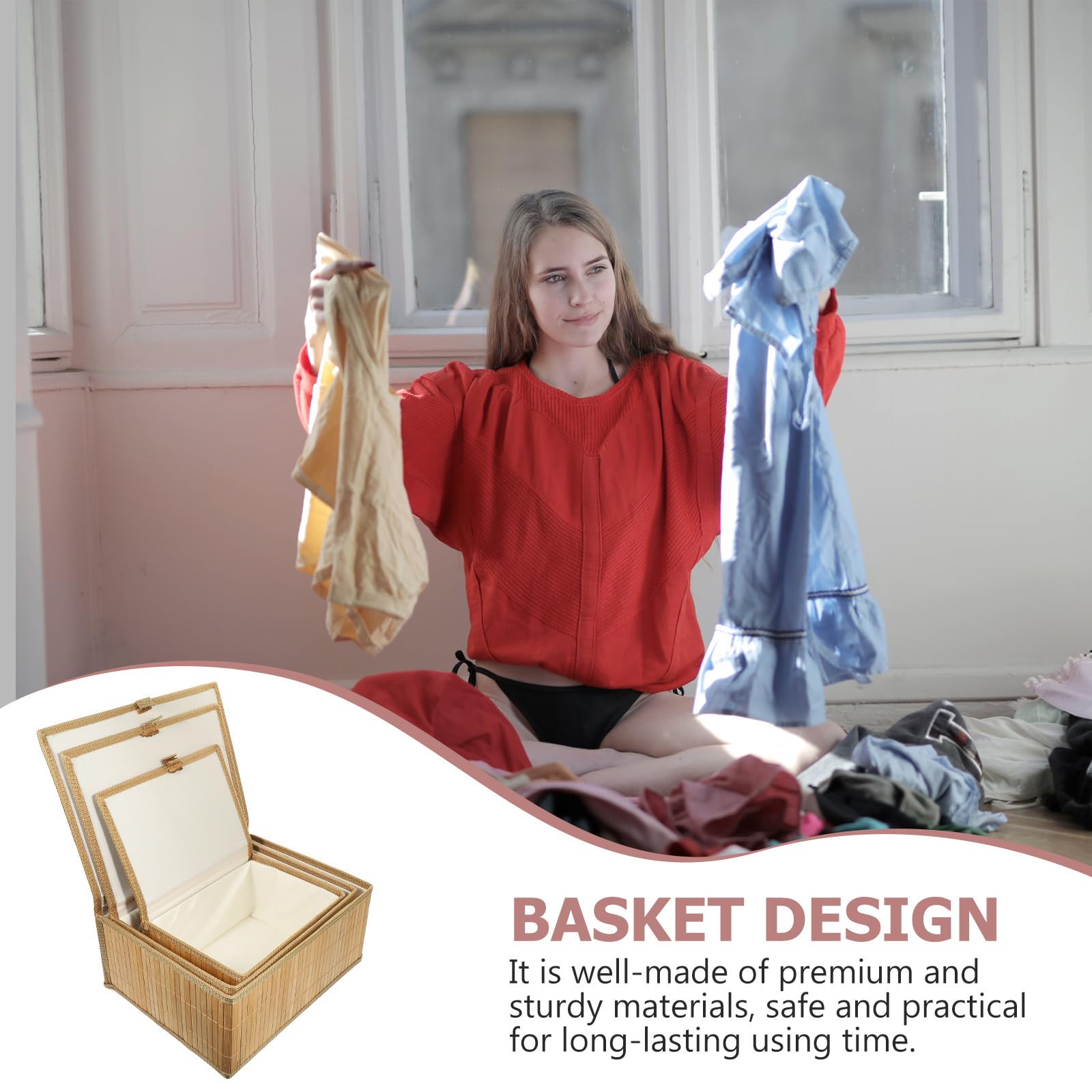 Cesta de Almacenamiento Rectangular de Bambú Gran Capacidad con Forro No Tejido , 3 Unidades Reutilizables para Ropa y Otros Objetos Hogar