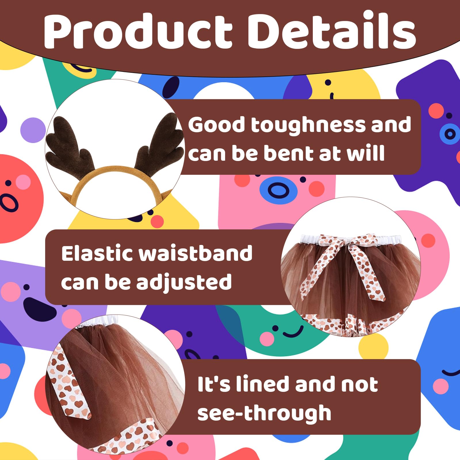 ZKFSIE 3 Pcs Reindeer Costume Kids, Brown Tutu Dress with Antler Headband and Face Tattoos, Christmas Fancy Dress for Girls, Animal Costume for Halloween Party and Role Play - Image 3