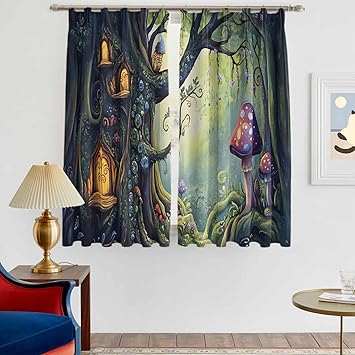 Mushroom Blackout Curtains for Bedroom, Dream Forest Wooden Cottage Floral Plant Room Darkening Curtains for Living Room with Hooks, Thermal Insulated Drapes 2 Panels, 79" Wx32 L