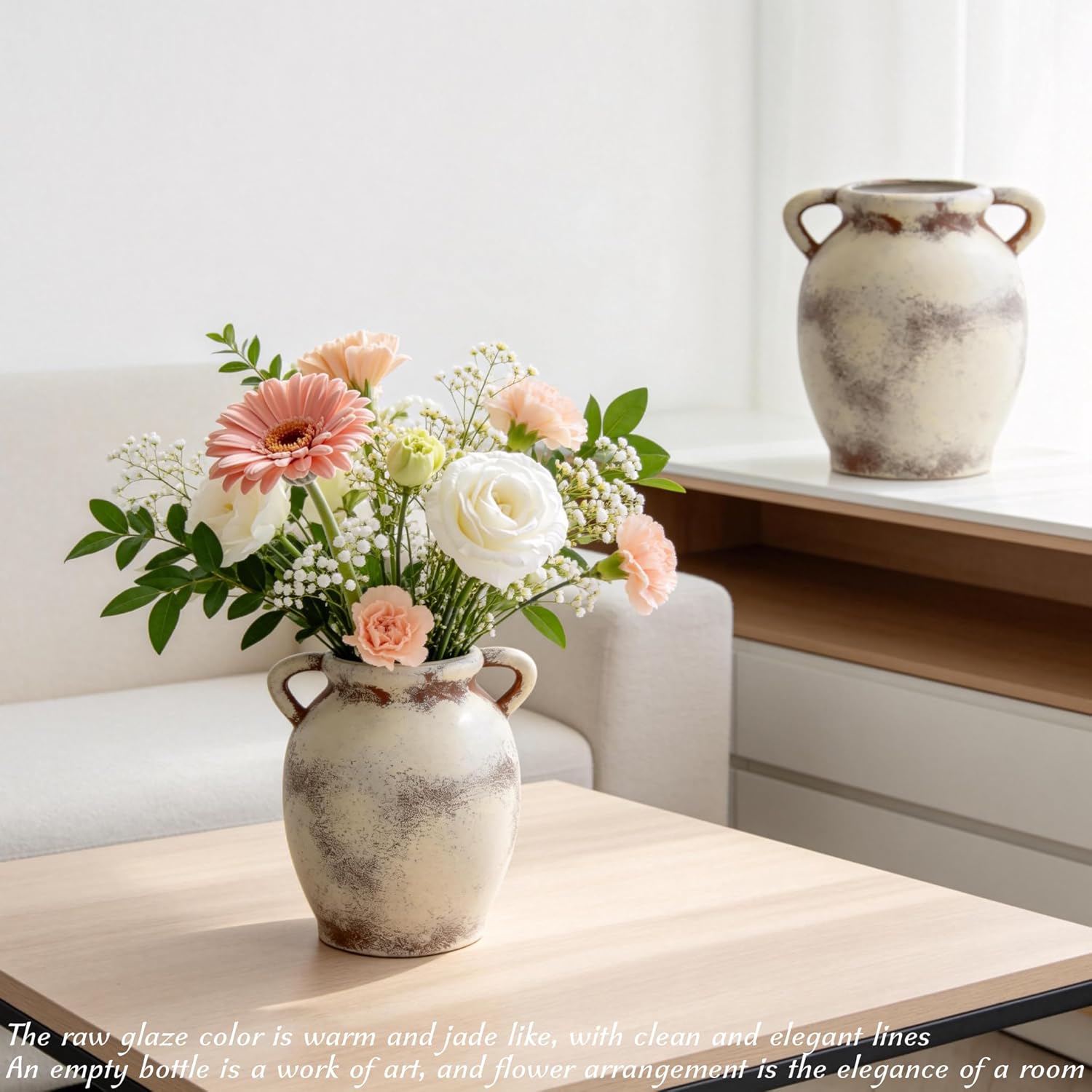 Ceramic Flower Vase, Large White Flower Vase Tall Rustic Farmhouse Decorative Vase Floral Pottery Vases Gifts for Women Birthday Gifts Vases for Home Decor, Living Room, Table, Neutral