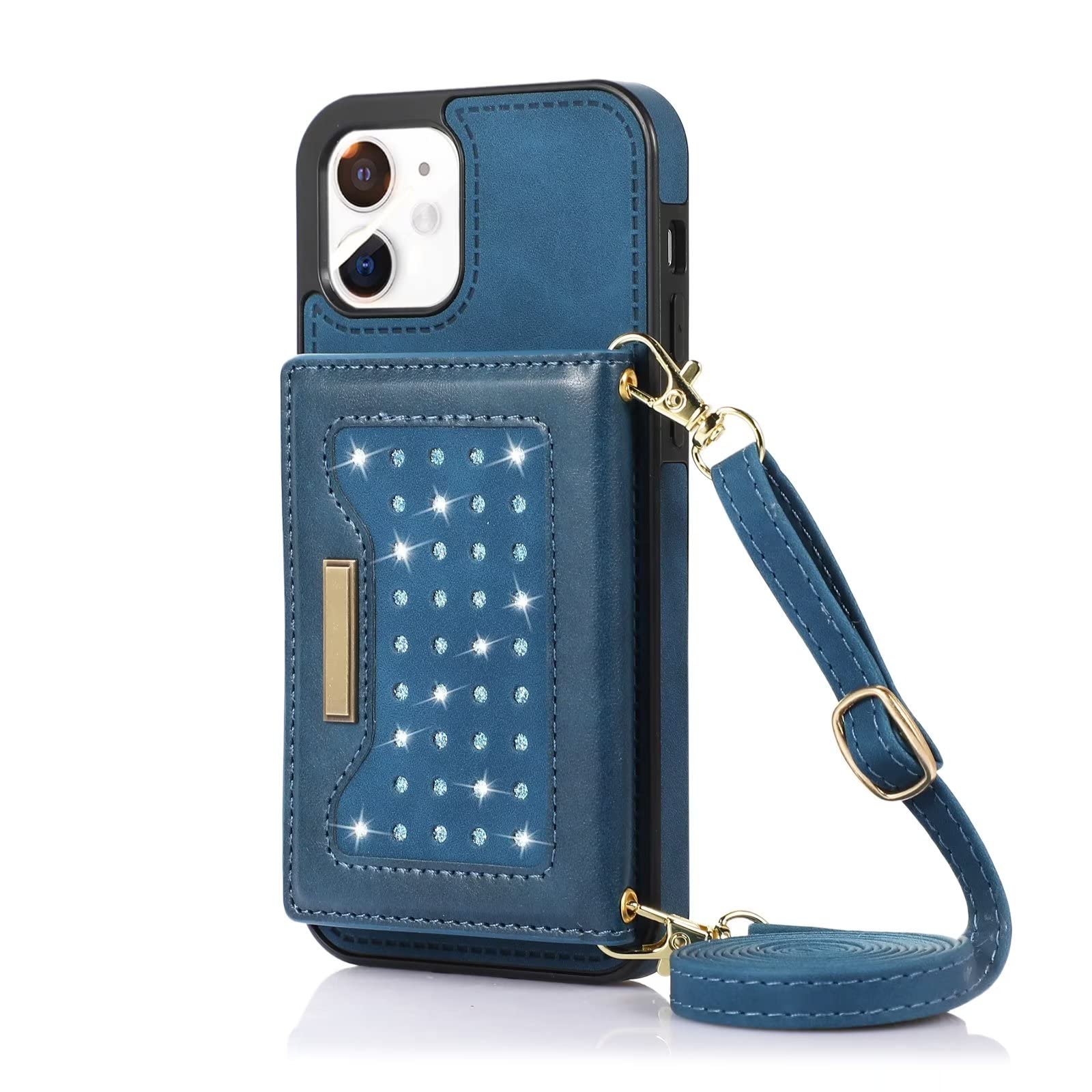 Didan Crossbody Case for iPhone 12,Kickstand RFID Blocking PU Leather Glitter Cover Card Slots Wallet Purse Bag Design Back Case with Detachable Long Strap