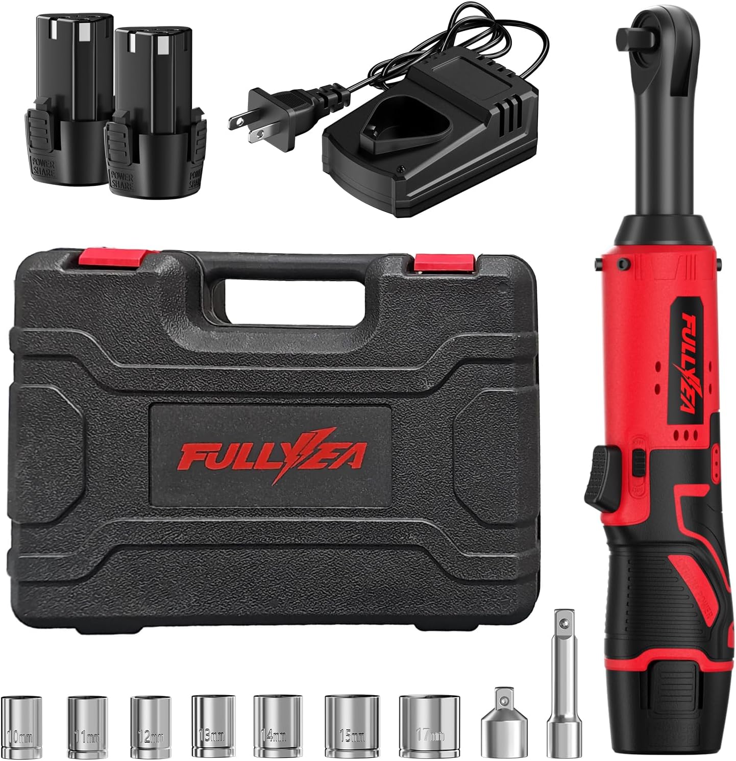 FULLYEA Electric Ratchet Wrench Set,12V Cordless Ratchet Wrench 3/8", 400 RPM Power Ratchet Tool Kit with LED Light, 7 Sockets, 1/4" adapter, 2 Packs 2000mAh Lithium-Ion Battery and Fast Charger