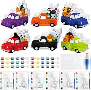 JellyArch 6 Set Halloween DIY Ceramics to Painting Kits 3D Ceramic Truck to Paint Your Own Truck with Pumpkins Ghost Cross Statues Unpainted Plaster Crafts with Brush Paint Bag for Adult
