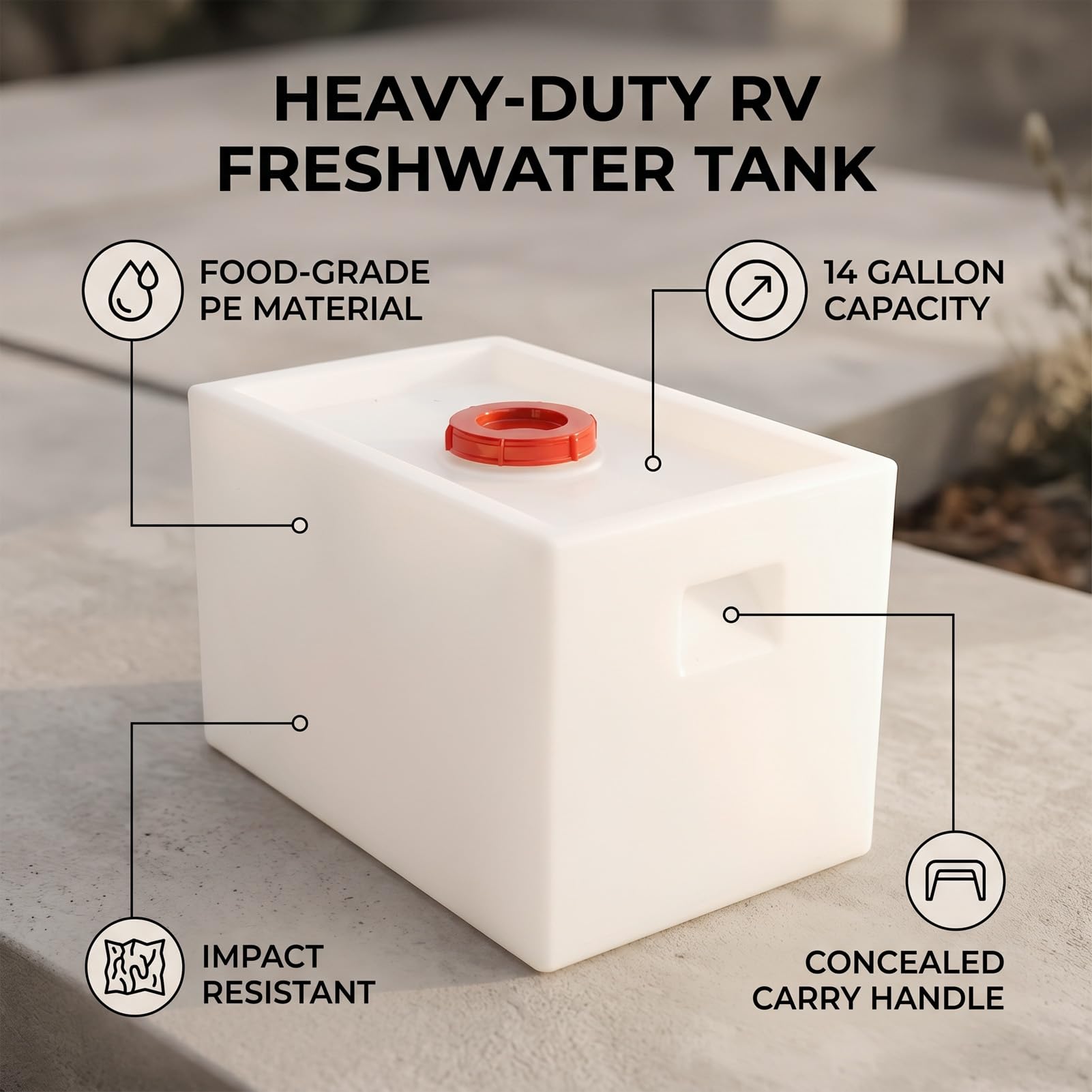 aqxreight 14 Gallonen Frischwassertank für Wohnmobile, 21,46 X 13,78 X 13,78 Zoll, LLDPE in Lebensmittelqualität, Nahtlos Integriert, mit Griffen für Campinganhänger, Boote, Yachten