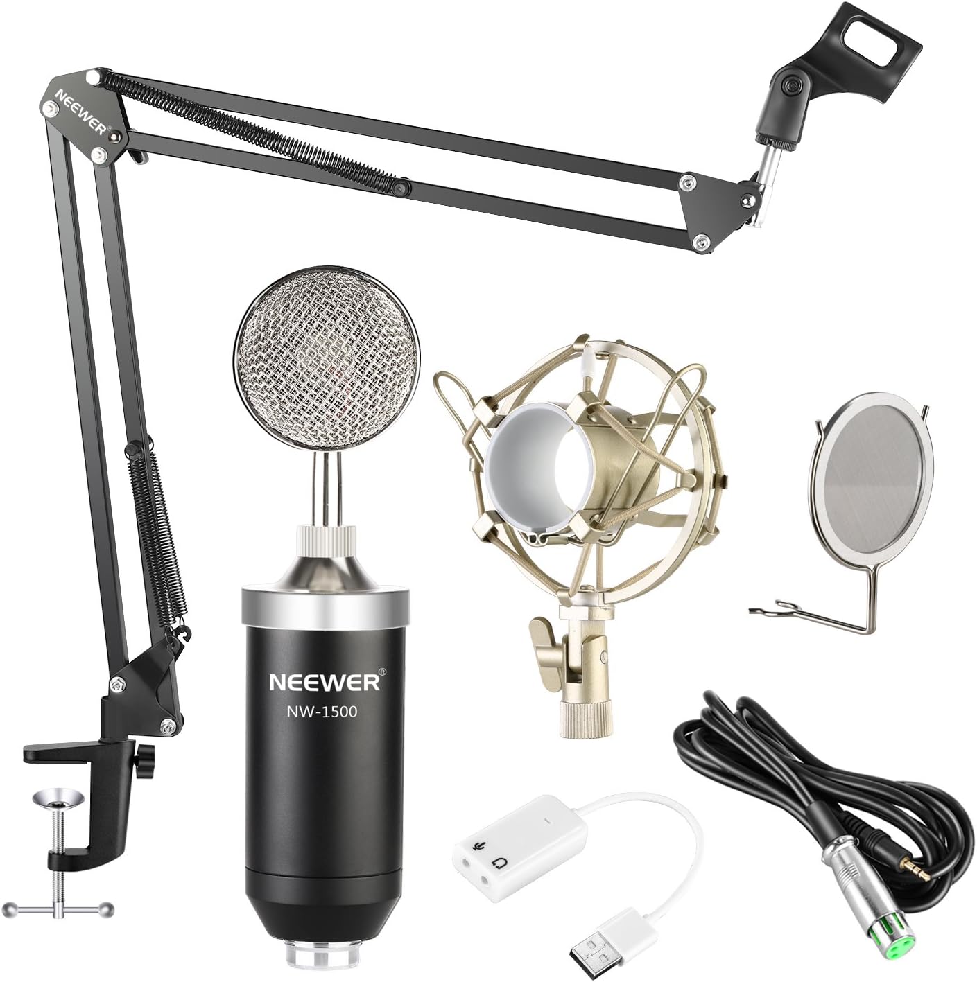 Neewer NW-1500 Professional Studio Condenser Microphone Kit with USB Sound Card, Shock Mount, Mic Suspension Scissor Arm Stand, Pop Filter for Computer Recording Broadcast YouTube(Black and Silver)