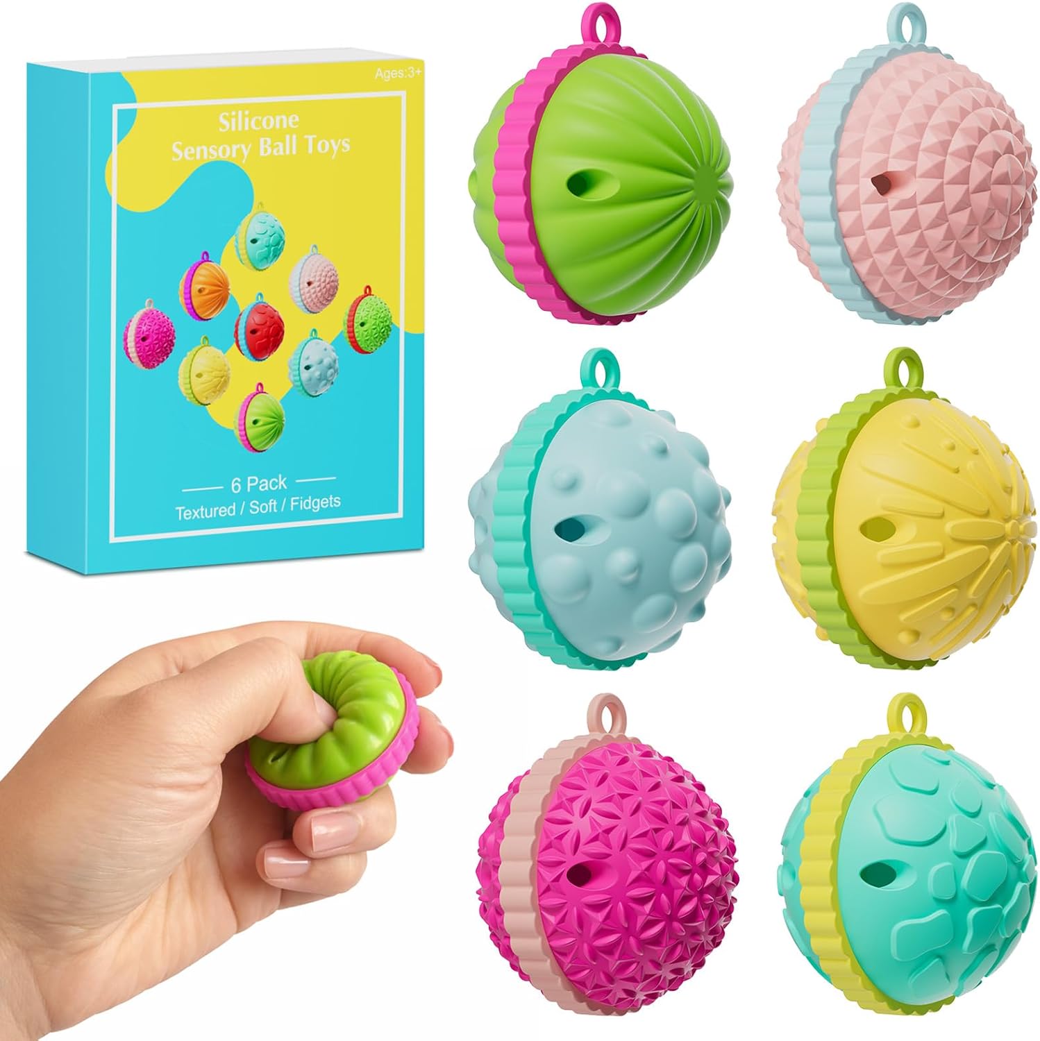 Fidget Toys for Adults Kids,6PCS Textured Sensory Ball Toys for Stress Anxiety Autistic ADHD, Calm Down Travel Airplane Essentials Students Prizes Toys, Stuffers Gifts for Teen Boys Girls
