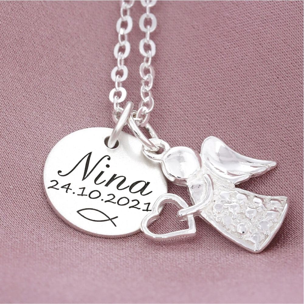 Taufkette Mädchen mit Gravur Namenskette Taufe Silber Taufschmuck Engel Taufgeschenk Geburt Kette Schutzengel Baby Heilige Taufe | HANDMADE IN GERMANY