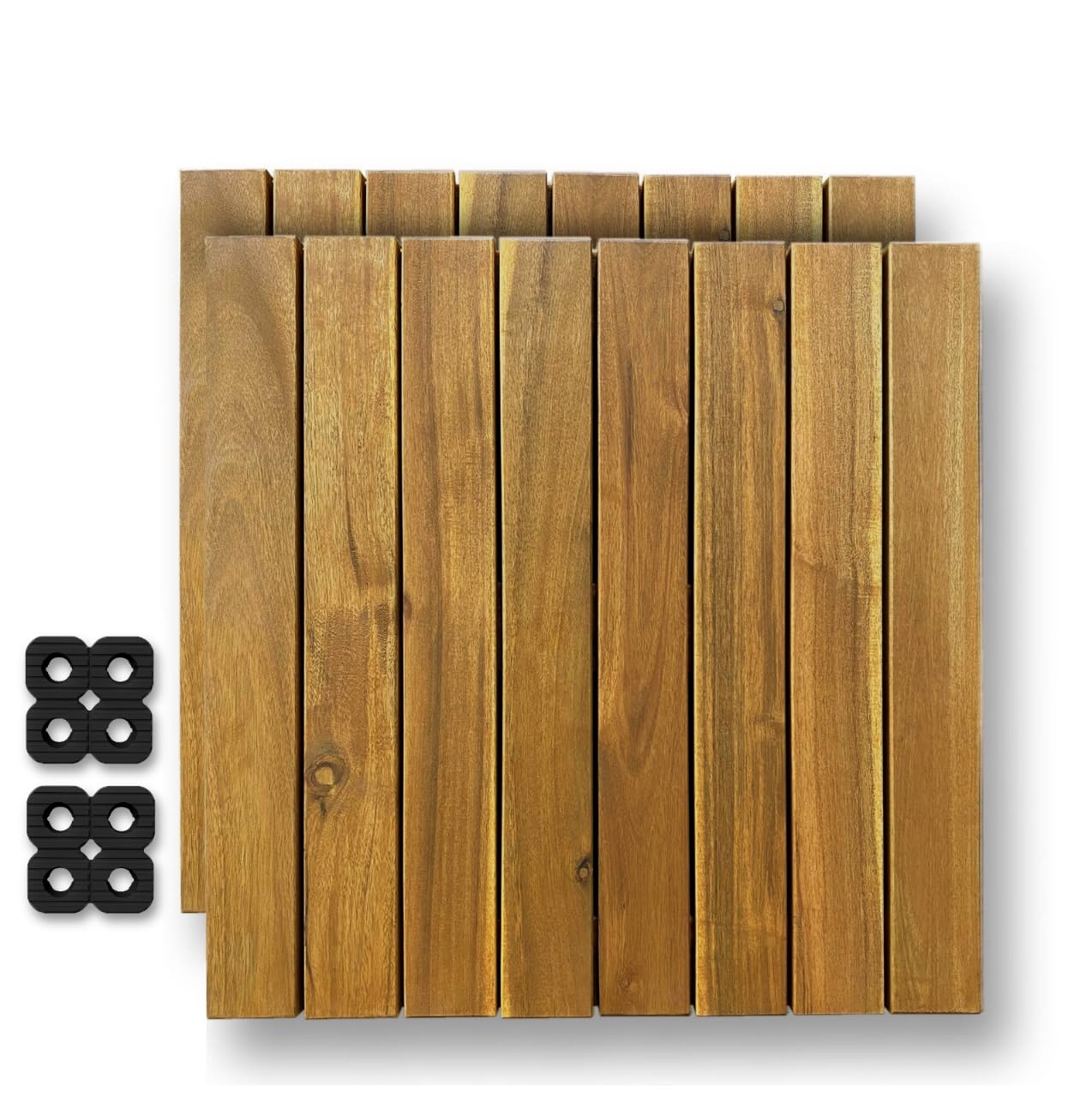 Terrassenfliese aus Akazie mit Verbindungssystem 2 Stück x 60 x 60 x 5,5 cm = 0,72 m² Farbe: Golden Teak Inkl. 2 Gummiverbinder 10 x 10 x 1,5 cm und 2 x 9 Gummifüße Holzfliese