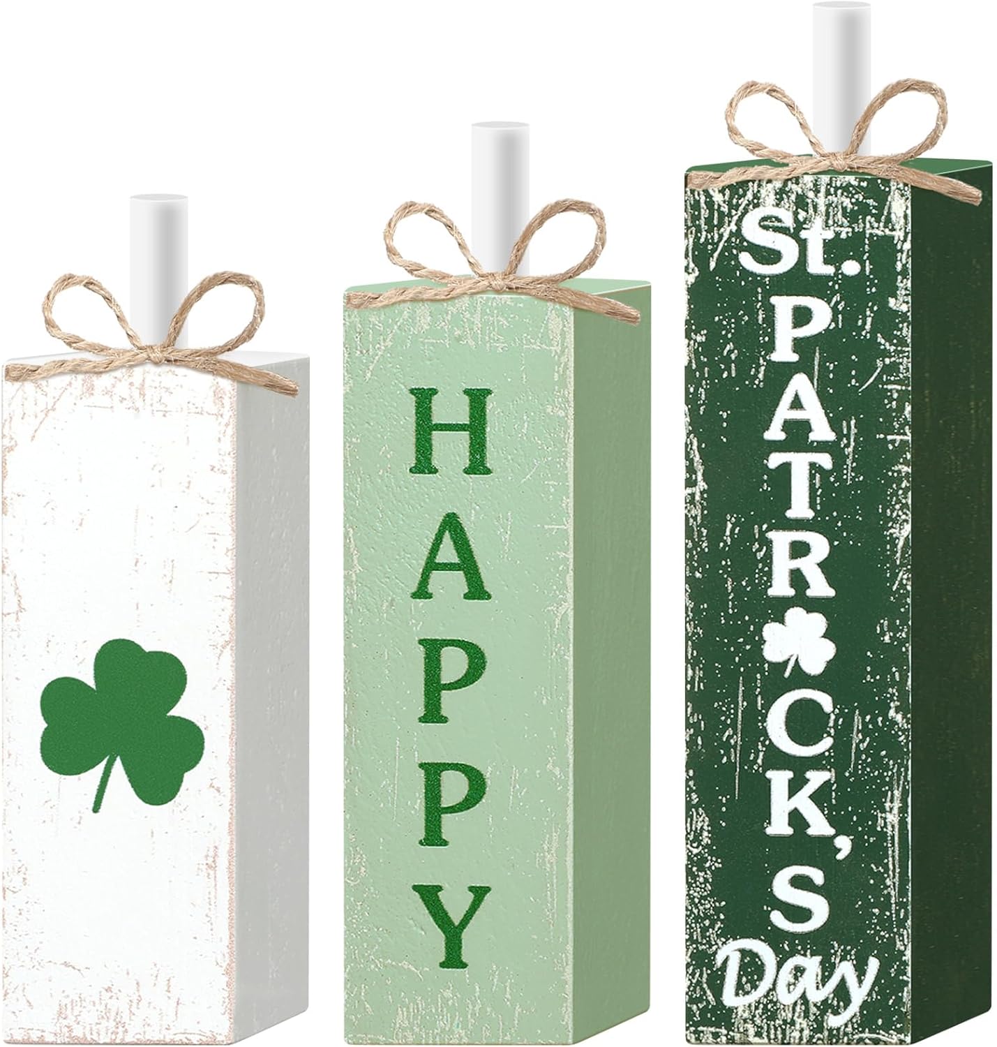 MiniInflat 3 Pcs St. Patrick's Day Table Decor Irish Tiered Tray Decor Green and White Clover Block Sign Rustic Farmhouse Wooden Tabletop Centerpieces for Home Office Kitchen Shelf Decorations