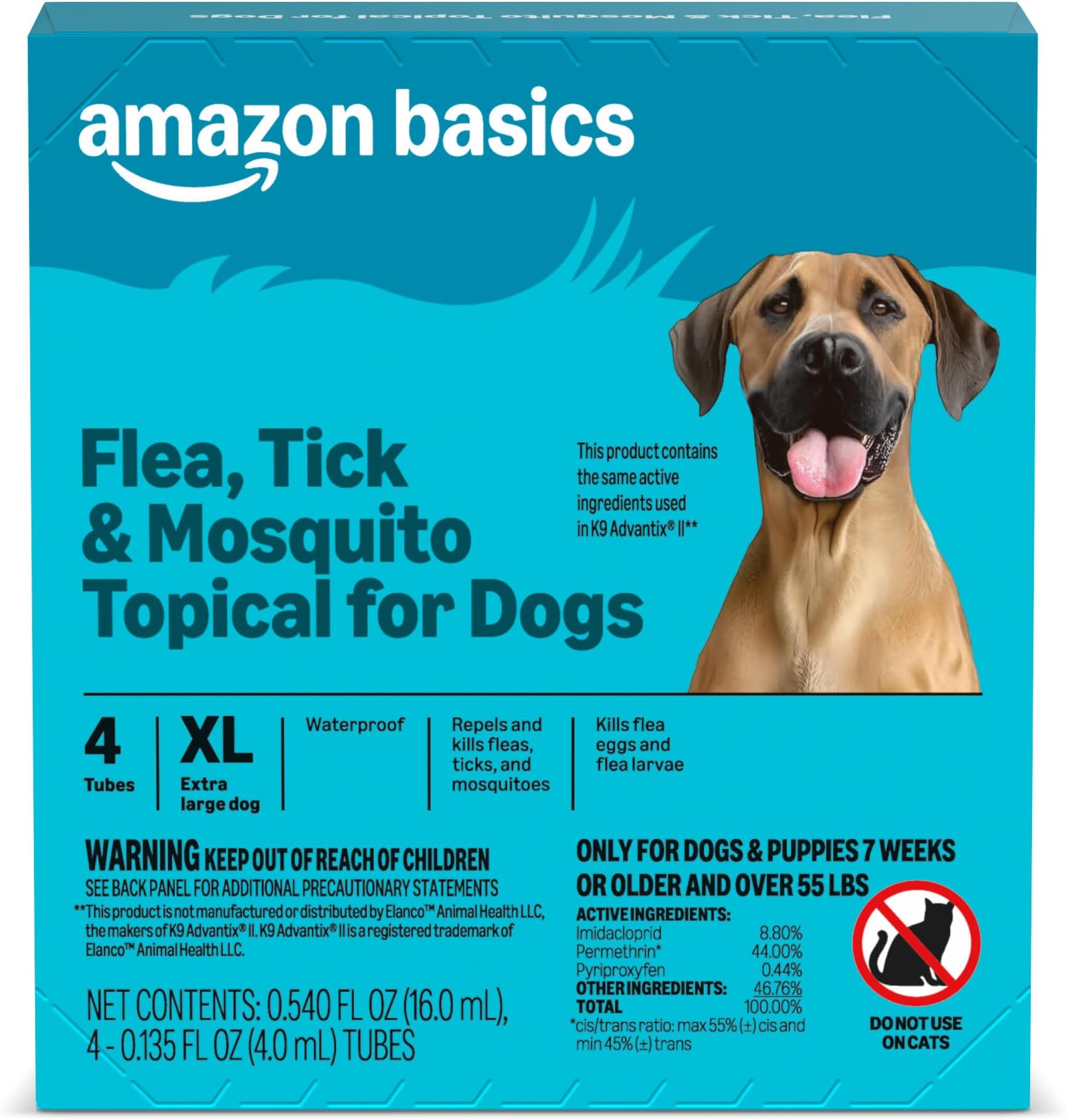 Preventative Flea, Tick & Mosquito Topical Treatment for X-Large Dog (Over 55 Pounds), 4 Count, Packaging May Vary