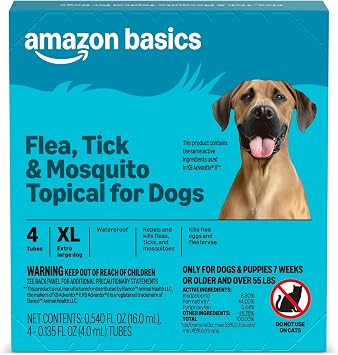 Amazon Basics Preventative Flea, Tick & Mosquito Topical Treatment for X-Large Dog Over 55 Pounds, 4 Count, Packaging May Vary