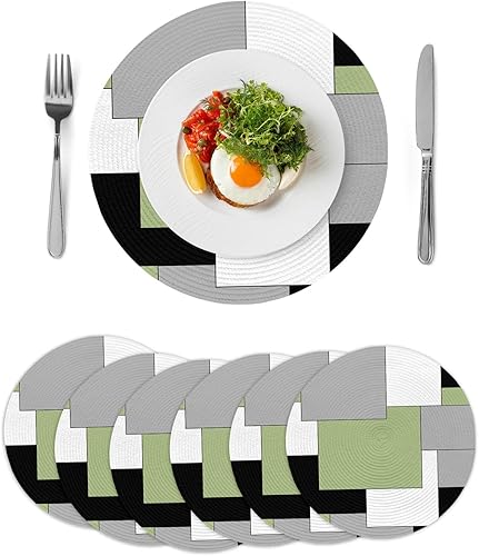 Miniatura 10 de Juego de 6 manteles individuales redondos para mesa de comedor, diseño geométrico moderno, abstracto, lavable, tejido, negro, blanco, gris,