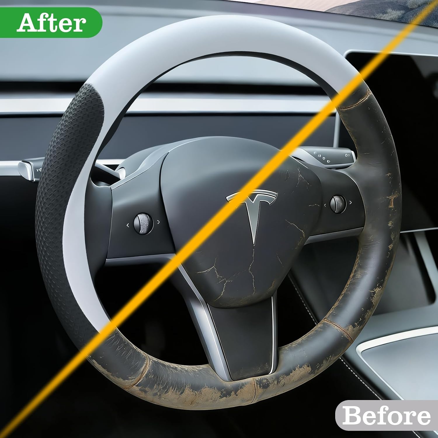 White Tesla Nappa Leather Steering Wheel Cover, Model 3/Y Accessories, Comfort Grip, Anti-Slip Breathable, Compatible with Tesla Model 3/Y Steering Wheel Protector
