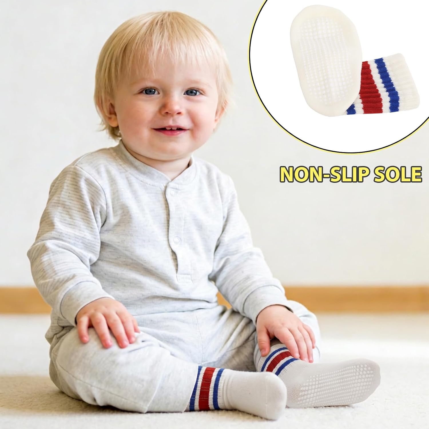 9 Pairs Unisex Baby Toddler Grip Socks - Non Slip Retro Stripe Cotton Crew Socks, Grippy Socks with Anti Skid Grips for Boys Girls